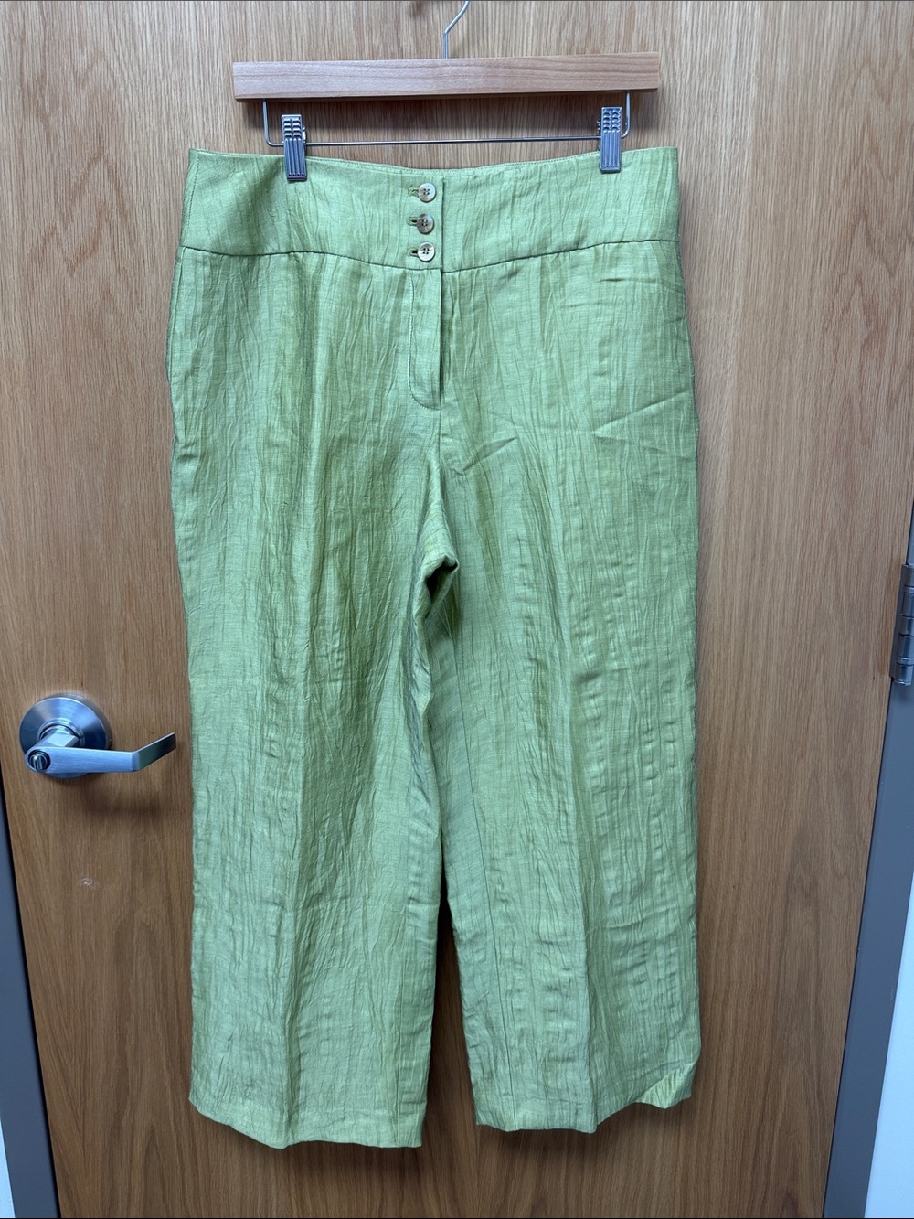 Jones New York Chartreuse Green Linen Blend Wide-Leg Pants with Button Front